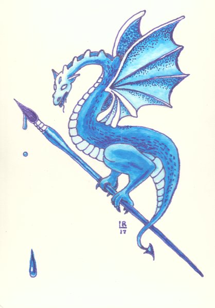 Watercolor painting of a blue dragon holding a paintbrush